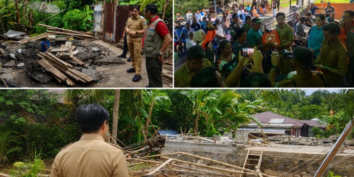 Bupati Michael Thungari saat Melihat Langsung Kondisi Rumah Warga yang roboh di kampung Simueng Kecamatan Tabukan Selatan (Foto.ist)